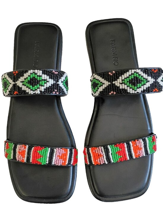 FARM Rio Shoes - FARM RIO Flats Women's Slides Beaded Square Toe Sandal in Black - Size 9